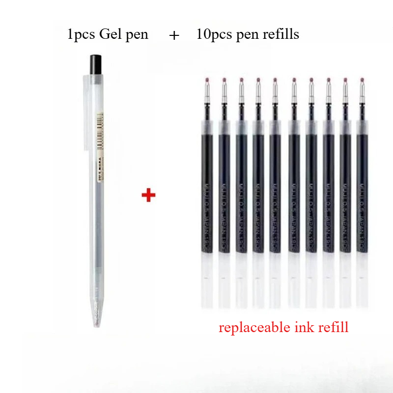 Muji Stationery Gel Pen - 10 ชิ้น ปากกาแบบกดพร้อมไส้เติม 1 ชิ้น ปากกาเจลสไตล์