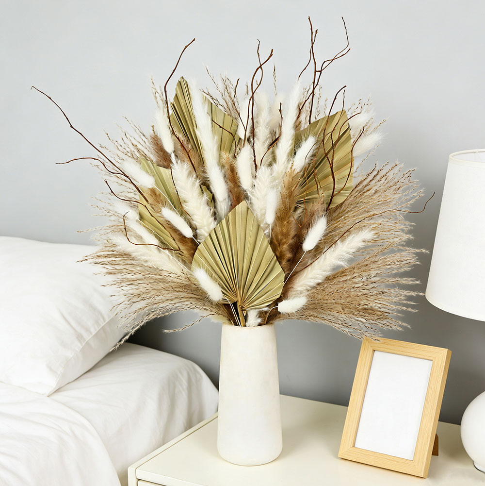 Palm Leaf Dried - ช่อดอกไม้ใบปาล์มแห้งธรรมชาติผสมกับต้นกกปัมปัส กิ่งไม้สวยงาม ช่อดอกไม้ตกแต่งบ้านสไตล์โมเดิร์น หรูหรา สำหรับงานแต่งงาน อุปกรณ์ตกแต่งแจกัน